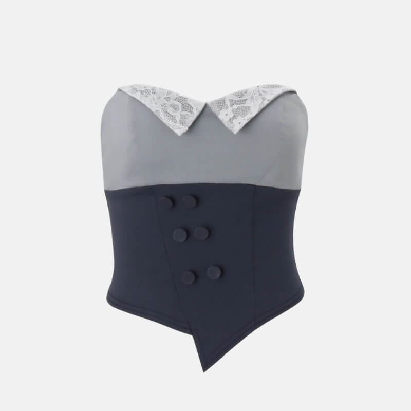 Y2K Lace Collar Detail Crop Top with lace trim, Y2K tube top styled with low rise bottoms