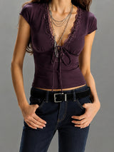 Y2K Lace Crop Top with lace trim, Y2K crop top styled with low rise bottoms