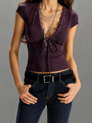 Y2K Lace Crop Top with lace trim, Y2K crop top styled with low rise bottoms