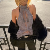 Y2K Lace Draped Halter Top with lace trim, Y2K halter top styled with low rise bottoms
