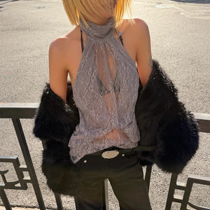 Y2K Lace Draped Halter Top with lace trim, Y2K halter top styled with low rise bottoms