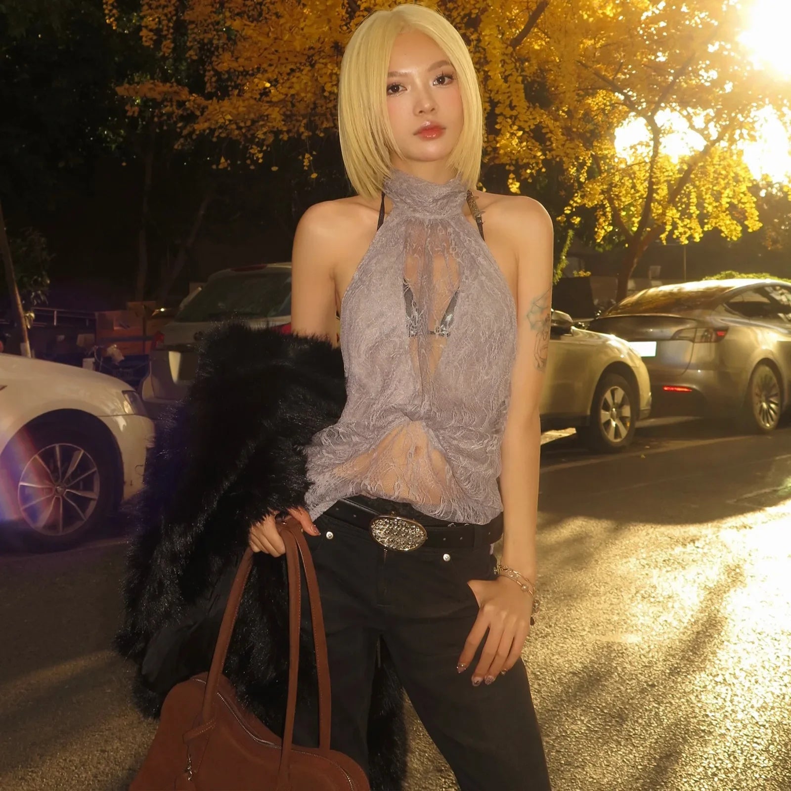 Y2K Lace Draped Halter Top with lace trim, Y2K halter top styled with low rise bottoms