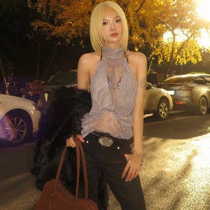 Y2K Lace Draped Halter Top with lace trim, Y2K halter top styled with low rise bottoms