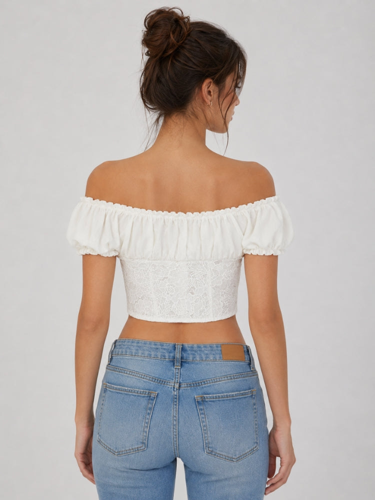 Y2K Lace Milkmaid Crop Top with lace trim, Y2K crop top styled with low rise bottoms