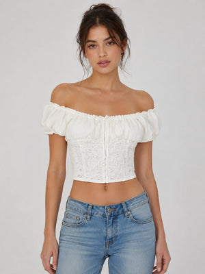 Y2K Lace Milkmaid Crop Top with lace trim, Y2K crop top styled with low rise bottoms