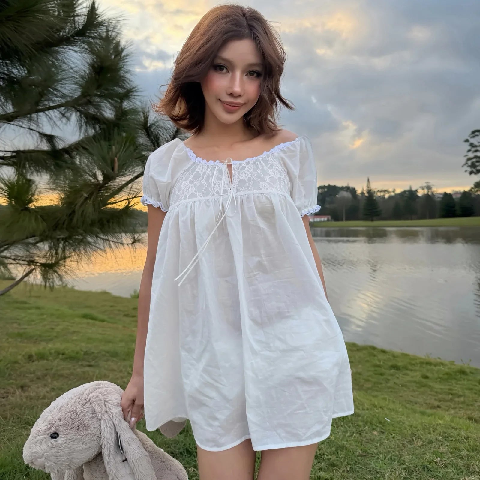Y2K Lace Trim Babydoll Dress view 3 | MAUVSTUDIO®