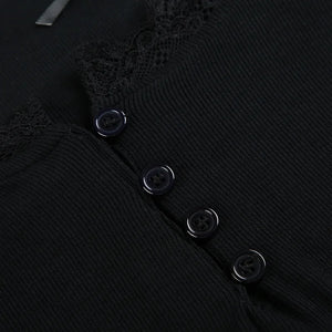 Y2K Lace Trim Button Top with lace trim, Y2K long sleeve top styled with low rise bottoms