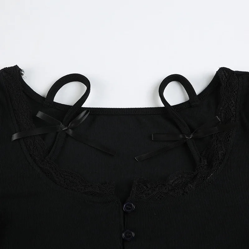 Y2K Lace Trim Button Top with lace trim, Y2K long sleeve top styled with low rise bottoms