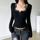 Y2K Lace Trim Button Top with lace trim, Y2K long sleeve top styled with low rise bottoms