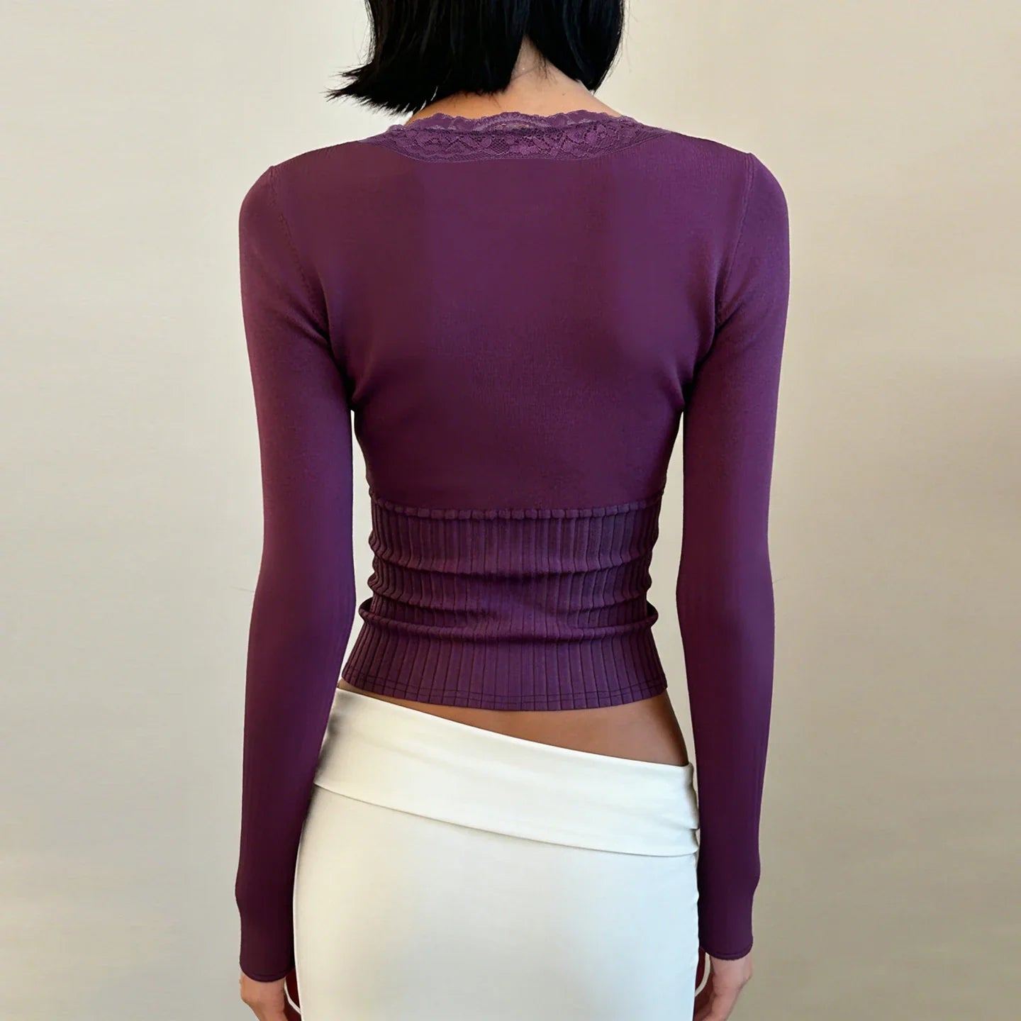 Y2K Lace Trim Henley Top with lace trim, Y2K long sleeve top styled with low rise bottoms