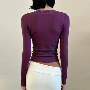 Y2K Lace Trim Henley Top with lace trim, Y2K long sleeve top styled with low rise bottoms