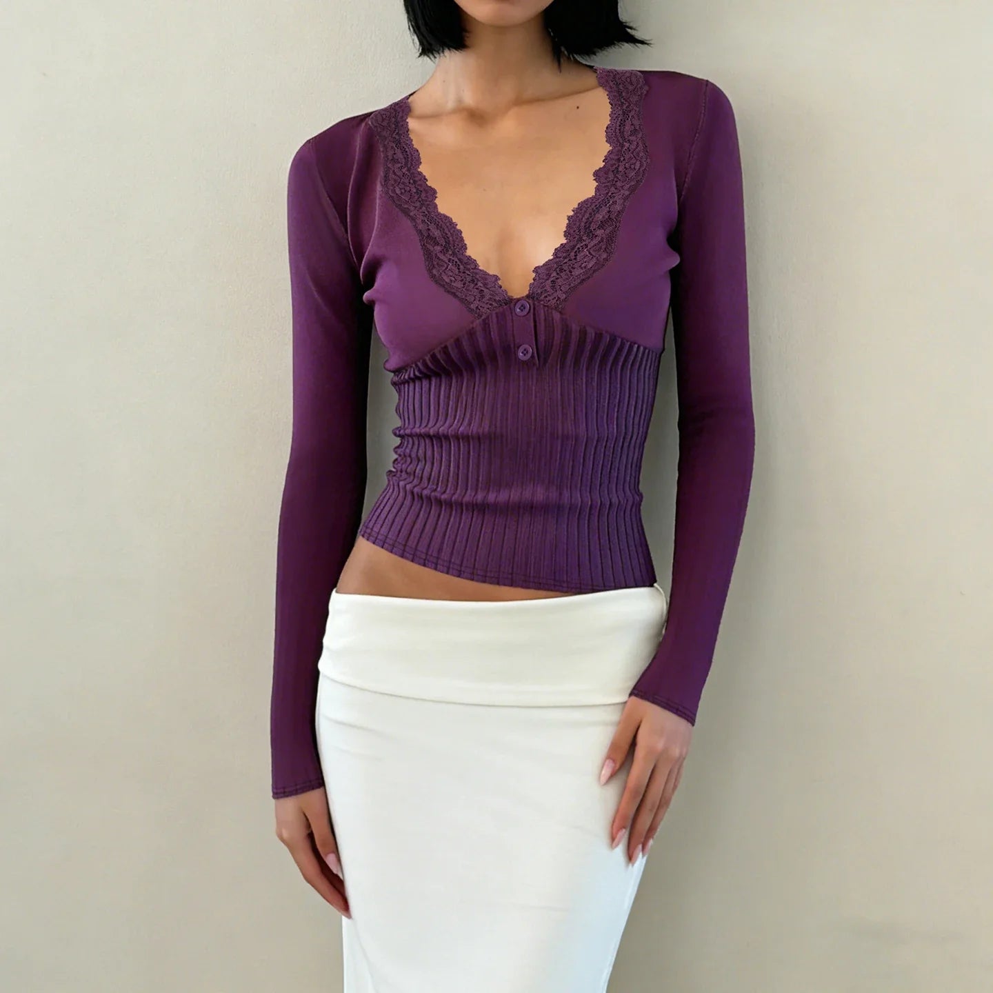 Y2K Lace Trim Henley Top with lace trim, Y2K long sleeve top styled with low rise bottoms