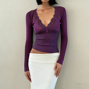 Y2K Lace Trim Henley Top with lace trim, Y2K long sleeve top styled with low rise bottoms