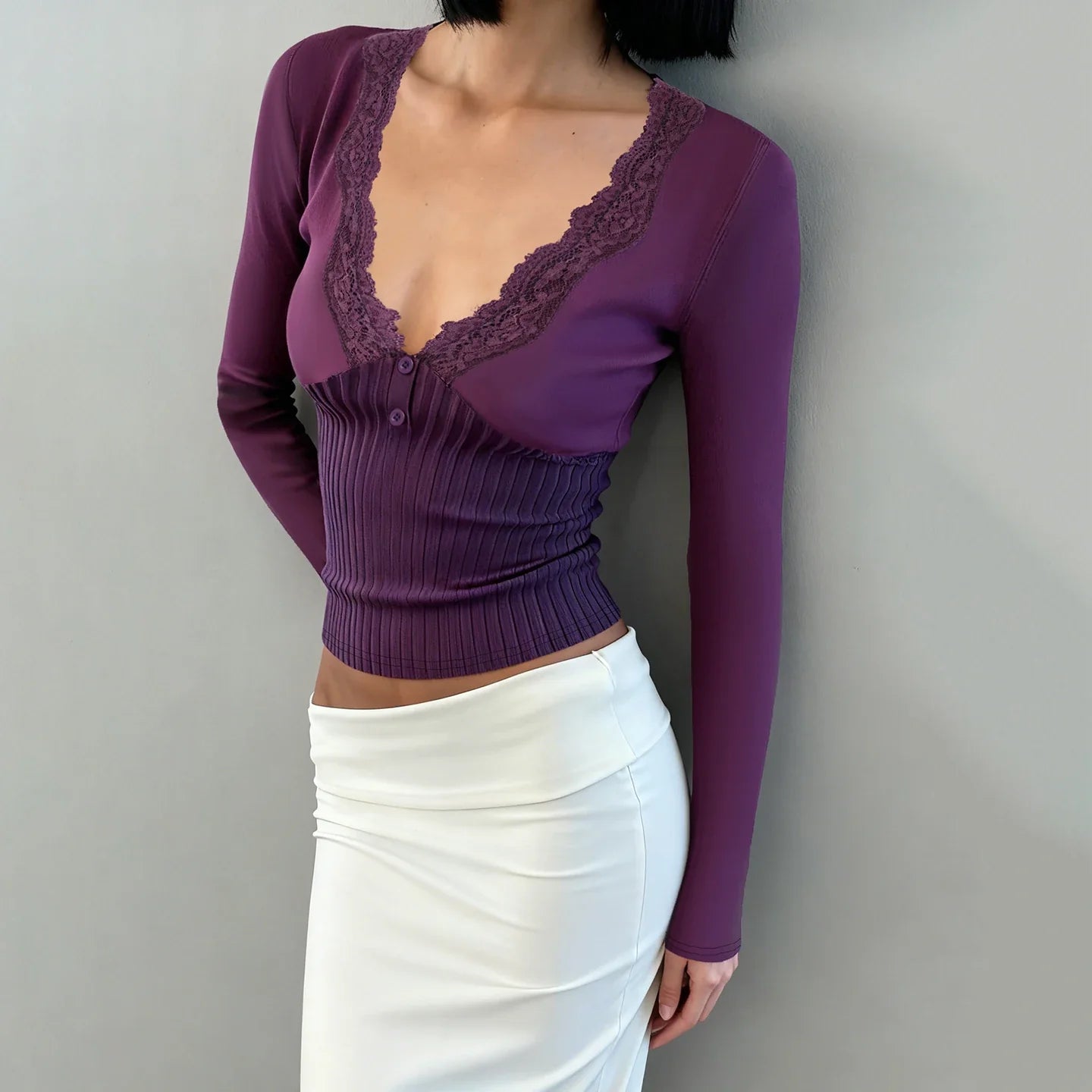 Y2K Lace Trim Henley Top with lace trim, Y2K long sleeve top styled with low rise bottoms