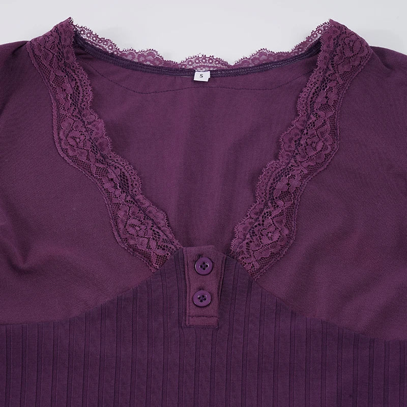 Y2K Lace Trim Henley Top with lace trim, Y2K long sleeve top styled with low rise bottoms