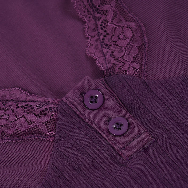 Y2K Lace Trim Henley Top with lace trim, Y2K long sleeve top styled with low rise bottoms
