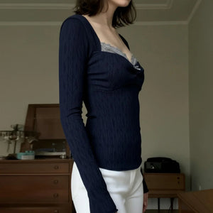 Y2K Lace Trim Knit Top with lace trim, Y2K long sleeve top styled with low rise bottoms
