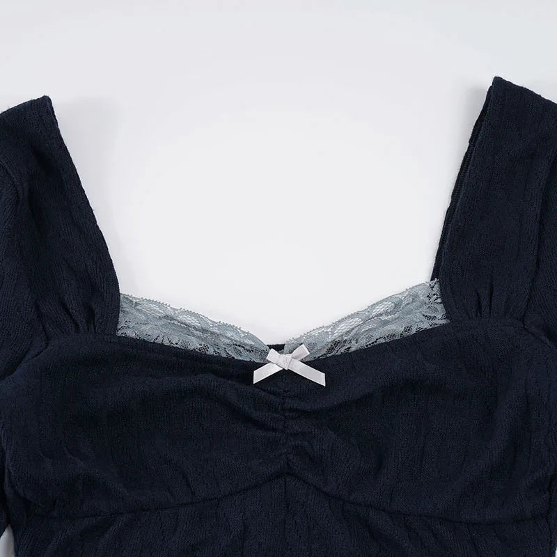 Y2K Lace Trim Knit Top with lace trim, Y2K long sleeve top styled with low rise bottoms