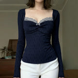 Y2K Lace Trim Knit Top with lace trim, Y2K long sleeve top styled with low rise bottoms