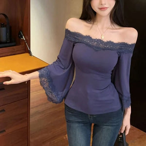 Y2K Lace Trim Off Shoulder Top with lace trim, Y2K tube top styled with low rise bottoms