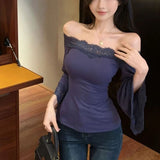 Y2K Lace Trim Off Shoulder Top with lace trim, Y2K tube top styled with low rise bottoms