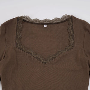 Y2K Lace Trim Square Neck Top with lace trim, Y2K long sleeve top styled with low rise bottoms