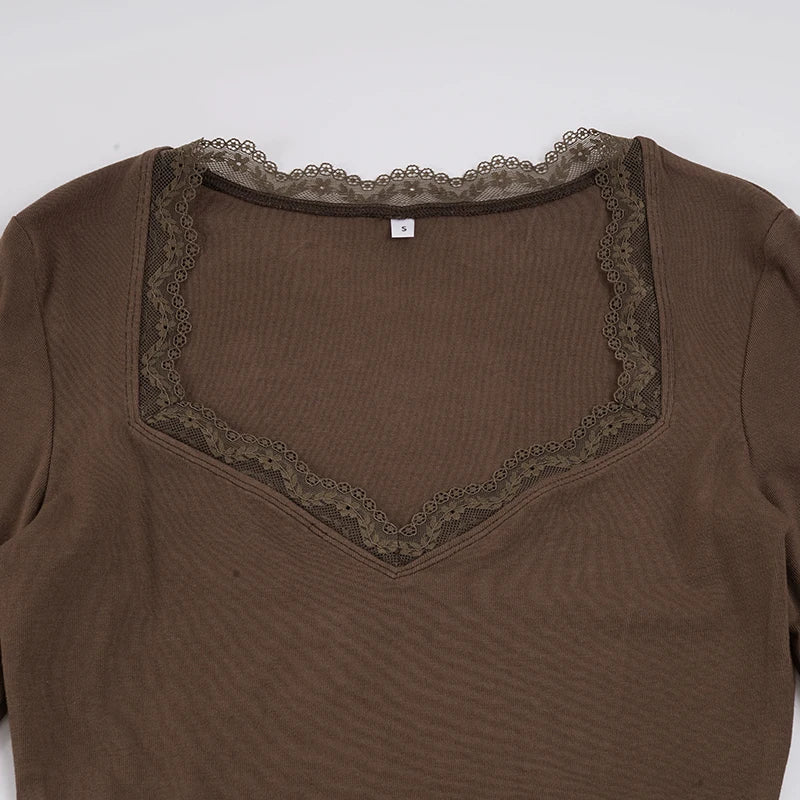 Y2K Lace Trim Square Neck Top with lace trim, Y2K long sleeve top styled with low rise bottoms