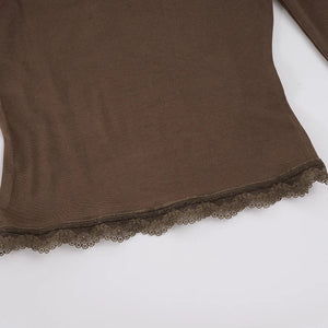 Y2K Lace Trim Square Neck Top with lace trim, Y2K long sleeve top styled with low rise bottoms