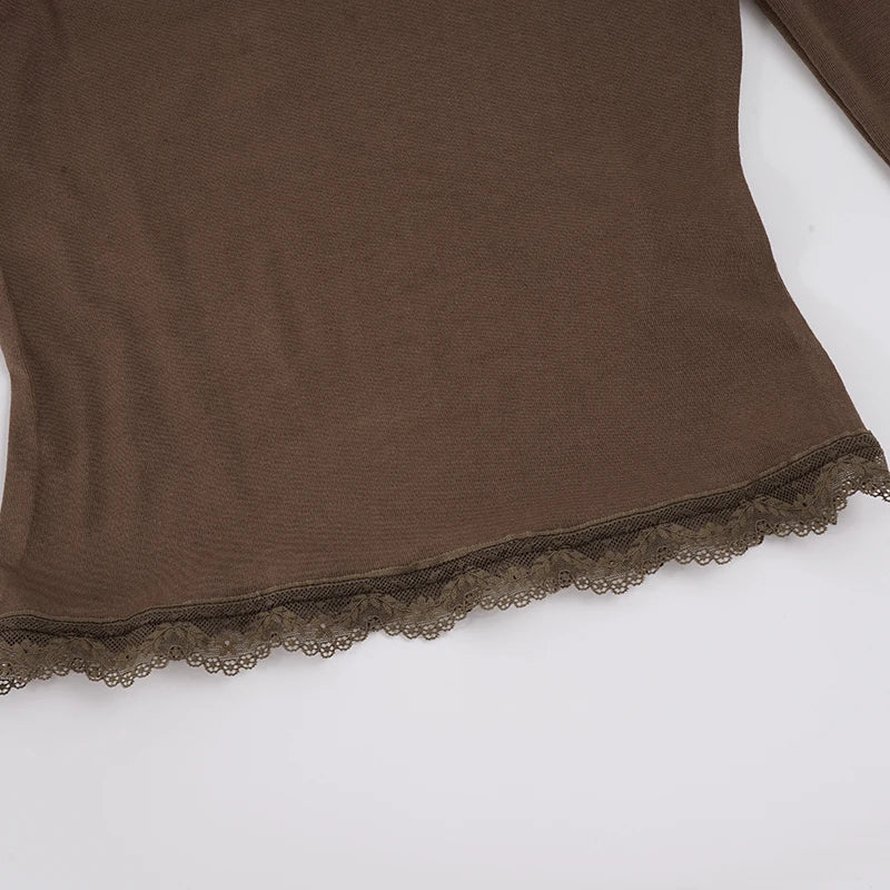 Y2K Lace Trim Square Neck Top with lace trim, Y2K long sleeve top styled with low rise bottoms