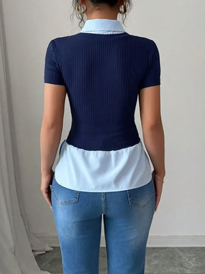 Y2K Layered Collar Knit Top with ribbed knit, Y2K top styled with low rise bottoms