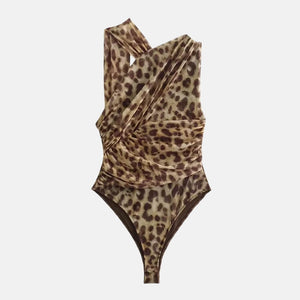 Y2K Leopard Bodysuit Top with lace trim, Y2K bodysuit styled with low rise bottoms