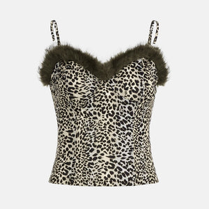 Y2K Leopard Faux Fur Top with leopard print, Y2K tube top styled with low rise bottoms