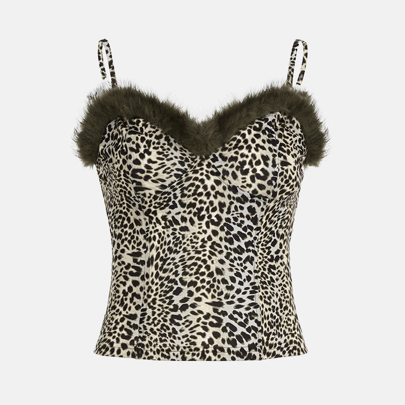 Y2K Leopard Faux Fur Top with leopard print, Y2K tube top styled with low rise bottoms