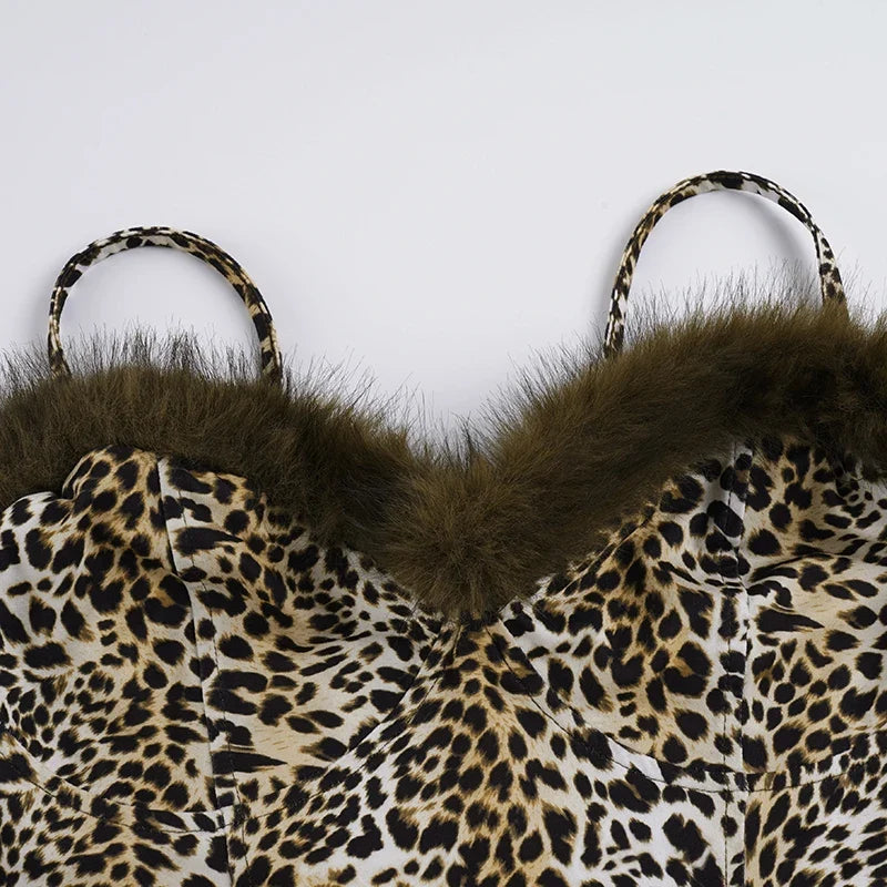 Y2K Leopard Faux Fur Top with leopard print, Y2K tube top styled with low rise bottoms