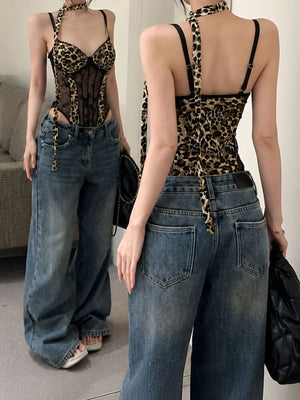 Y2K Leopard Mesh Corset Top with sheer mesh, Y2K corset styled with low rise bottoms