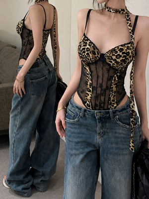 Y2K Leopard Mesh Corset Top with sheer mesh, Y2K corset styled with low rise bottoms