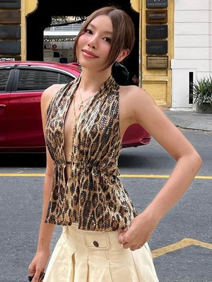 Y2K Leopard Sequin Halter Top with lace trim, Y2K halter top styled with low rise bottoms