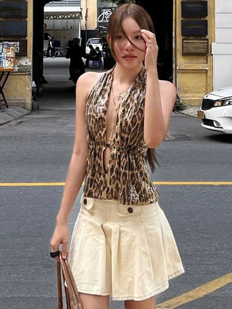 Y2K Leopard Sequin Halter Top with lace trim, Y2K halter top styled with low rise bottoms