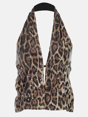 Y2K Leopard Sequin Halter Top with lace trim, Y2K halter top styled with low rise bottoms