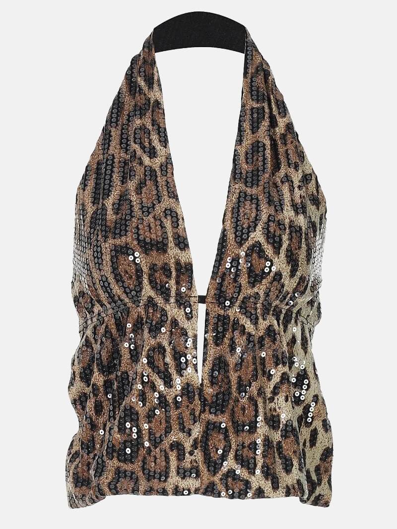 Y2K Leopard Sequin Halter Top with lace trim, Y2K halter top styled with low rise bottoms
