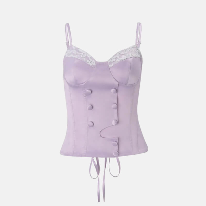Y2K Lilac Corset Top with lace trim, Y2K corset styled with low rise bottoms