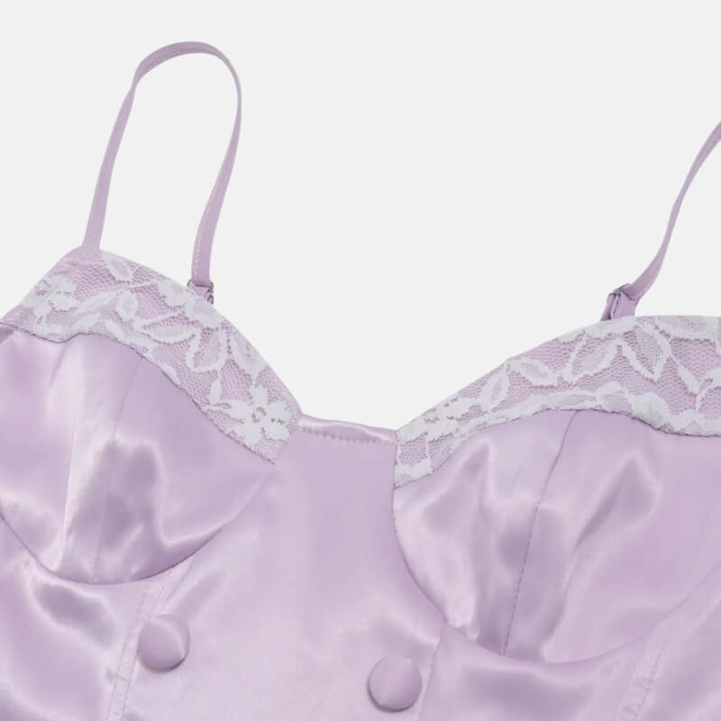 Y2K Lilac Corset Top with lace trim, Y2K corset styled with low rise bottoms