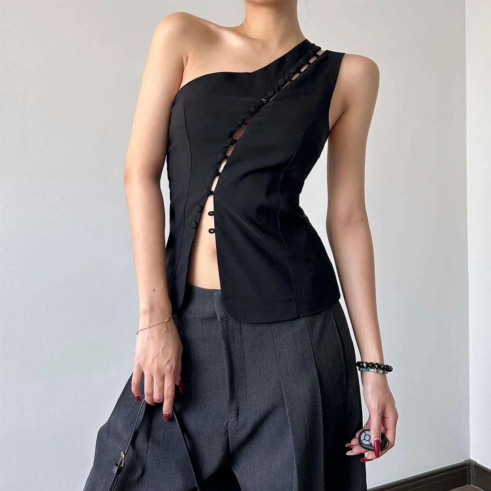 Y2K Loop Button Top with button front, Y2K tube top styled with low rise bottoms