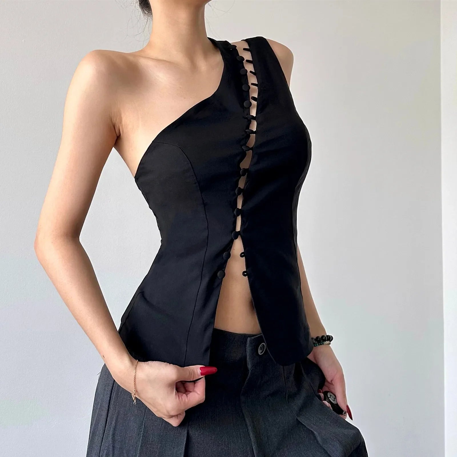Y2K Loop Button Top with button front, Y2K tube top styled with low rise bottoms