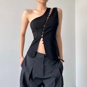 Y2K Loop Button Top with button front, Y2K tube top styled with low rise bottoms