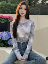 Y2K Mesh Cloud Top with sheer mesh, Y2K long sleeve top styled with low rise bottoms