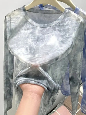 Y2K Mesh Cloud Top with sheer mesh, Y2K long sleeve top styled with low rise bottoms