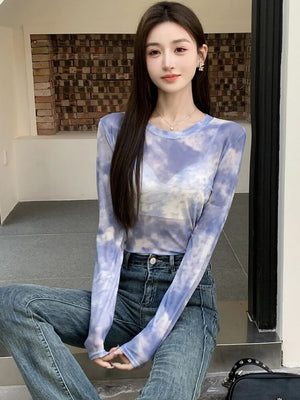Y2K Mesh Cloud Top with sheer mesh, Y2K long sleeve top styled with low rise bottoms