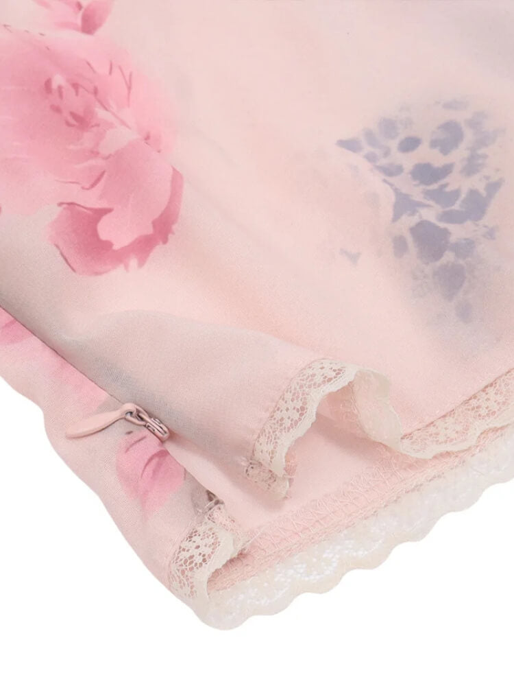 Y2K Mesh Floral Top with scalloped edges, Y2K tube top styled with low rise bottoms