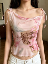 Y2K Mesh Floral Top with scalloped edges, Y2K tube top styled with low rise bottoms
